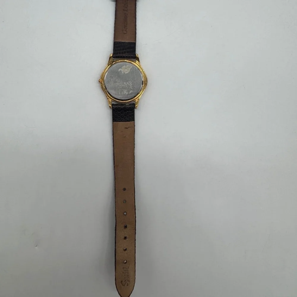 Pulsar Womens Gold Tone Date Watch VX82-0AR0 Brown Leather Strap needs bat
